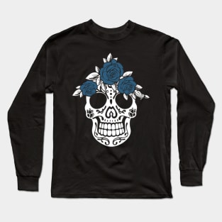 Niche Skull Island Mod Art  Calavera Sugar Skull Blue Roses In Head Mexico Fun Long Sleeve T-Shirt